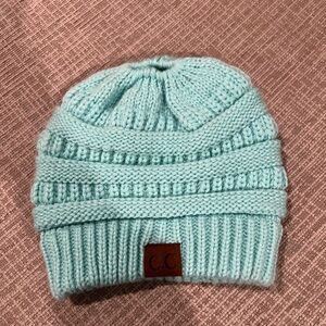 C.C Sky Blue Knit Beanie Hat with Ponytail Hole